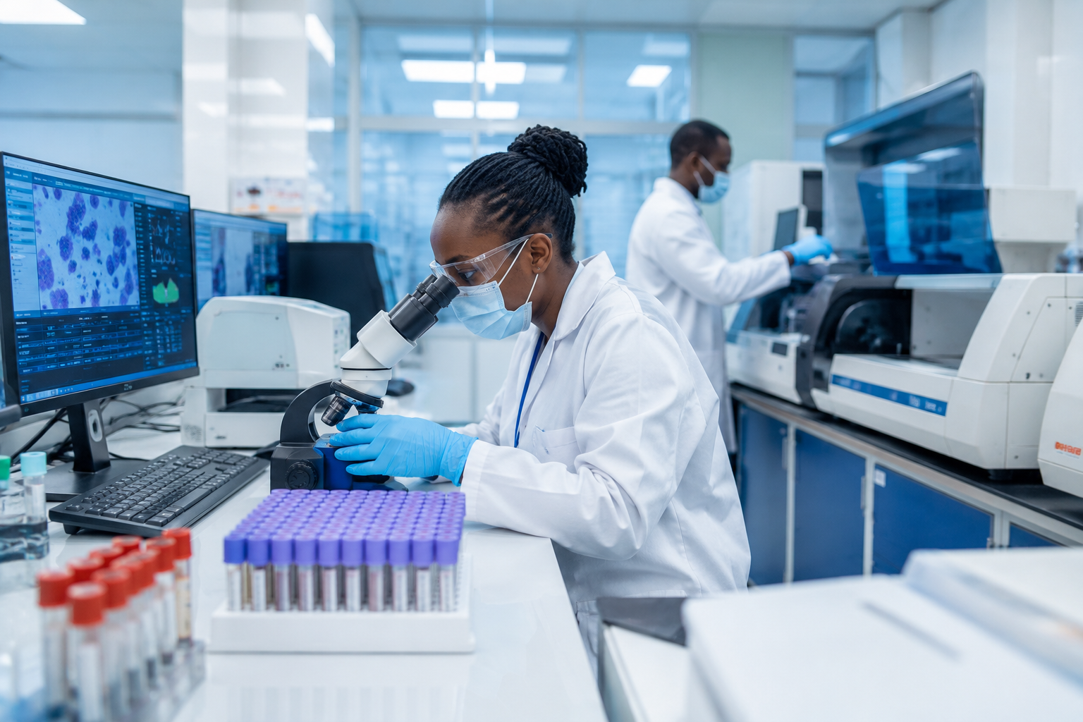 Modern, clean clinical laboratory setup with analysis tools